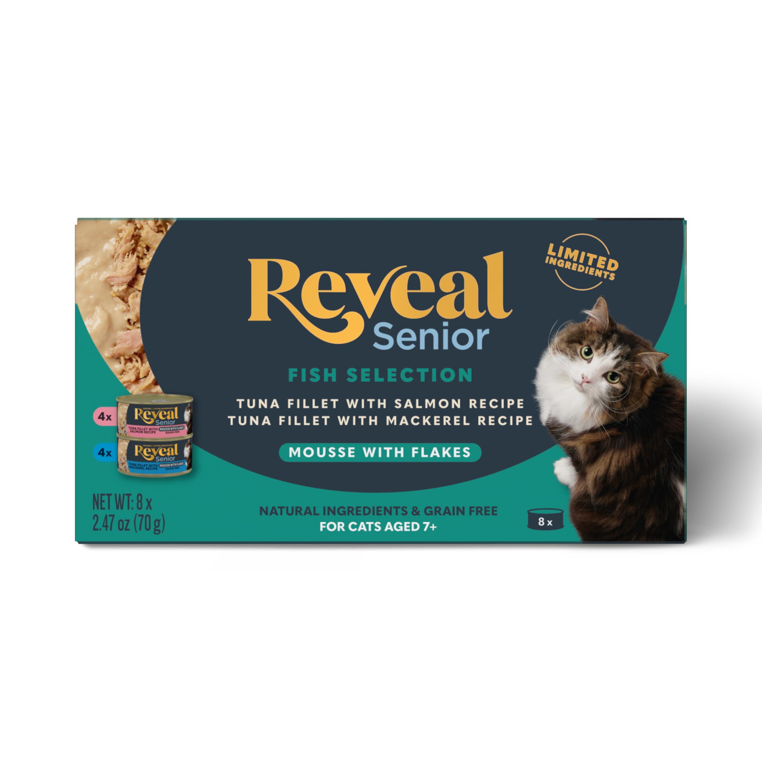 Reveal tuna fillet salmon mousse cans visible, hydration-friendly texture for senior cats