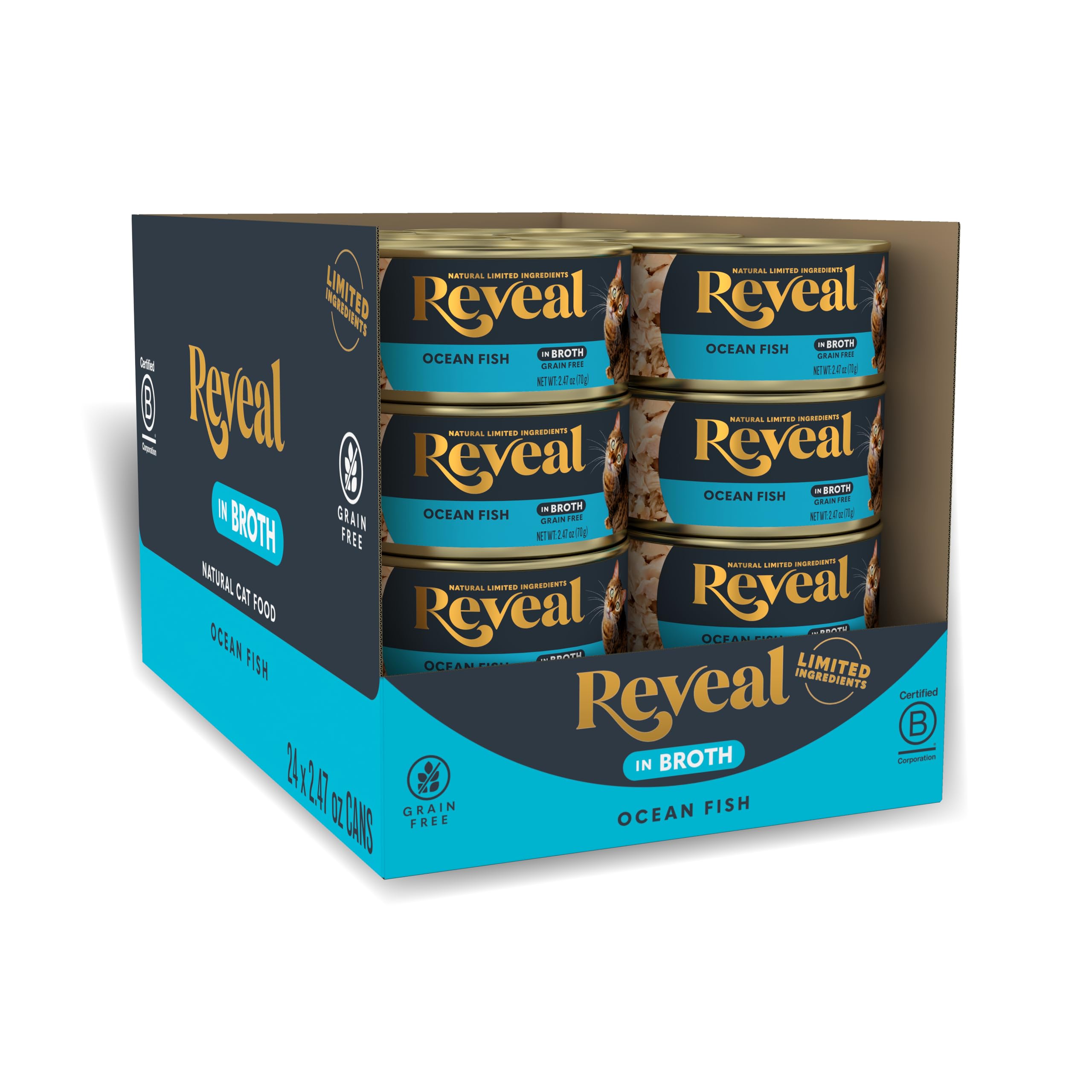 Reveal ocean fish in broth can label highlights natural protein for hydration.