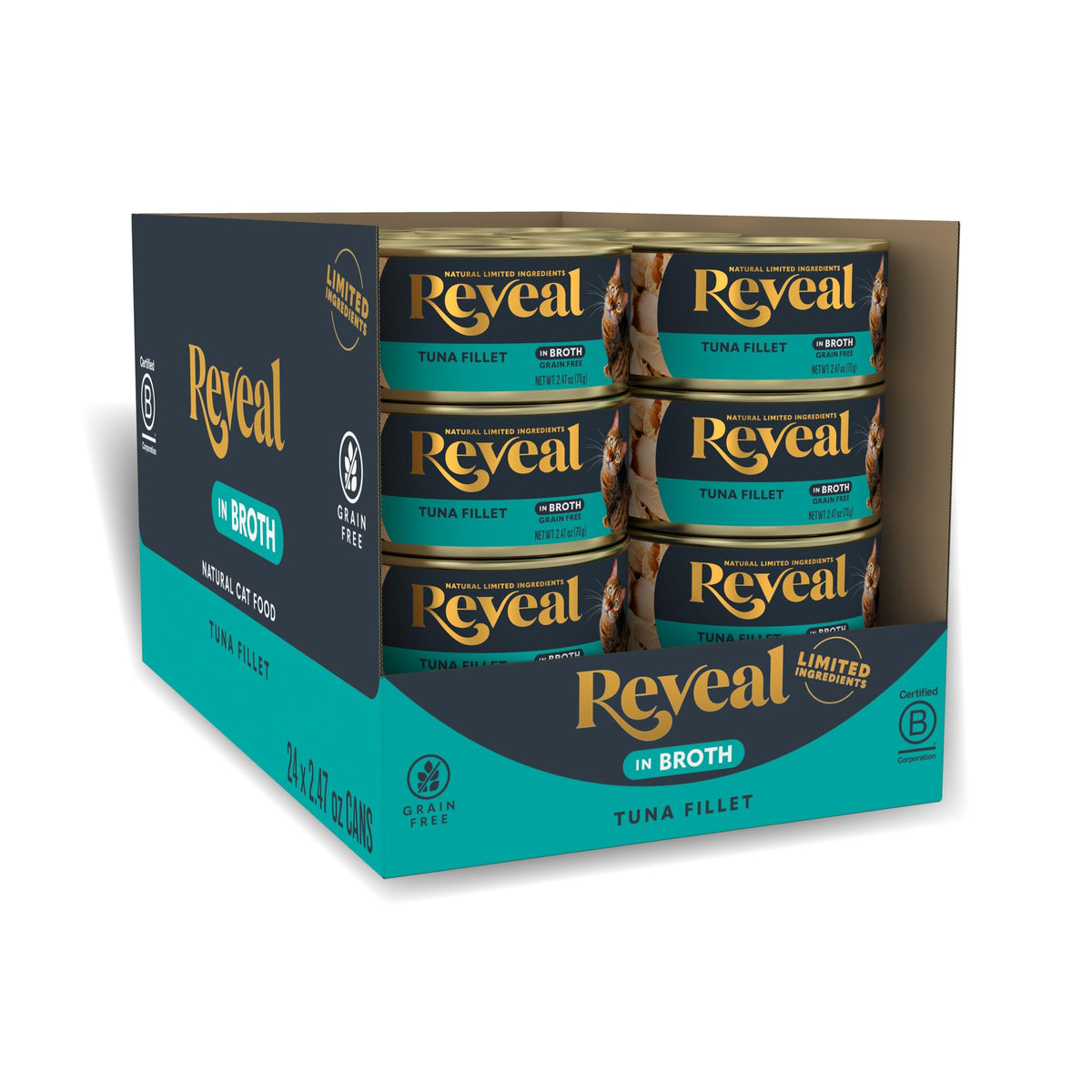Reveal tuna-fillet-broth-can closeup shows protein-first, grain-free option for picky cats.