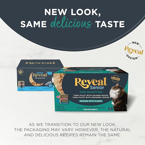 Reveal Tuna Fillet Salmon Mousse Cans showcased, rich protein option for taste-loving felines