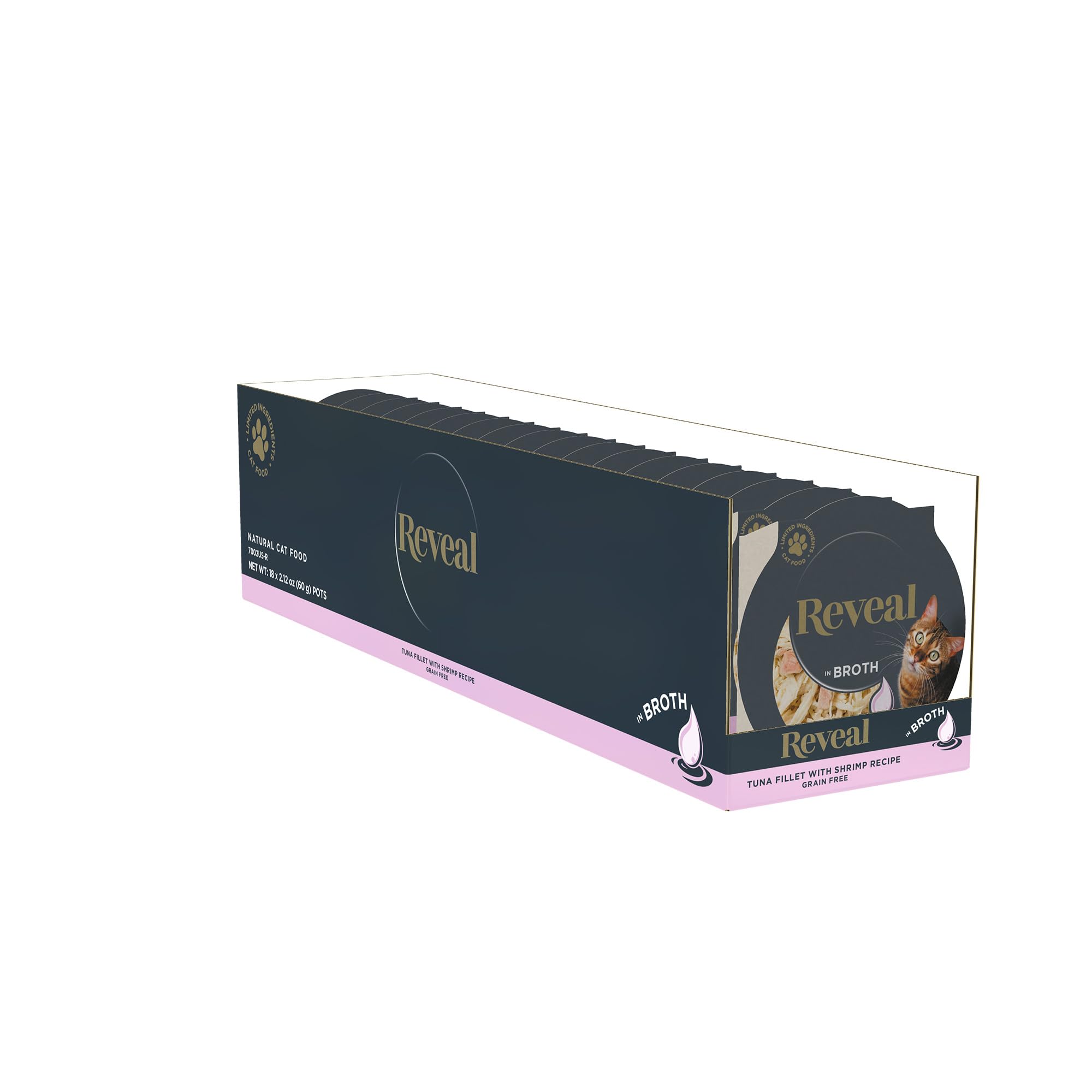 Reveal tuna-fillet-shrimp-broth-pots full product shot highlighting grain-free, high-protein nutrition for cats.
