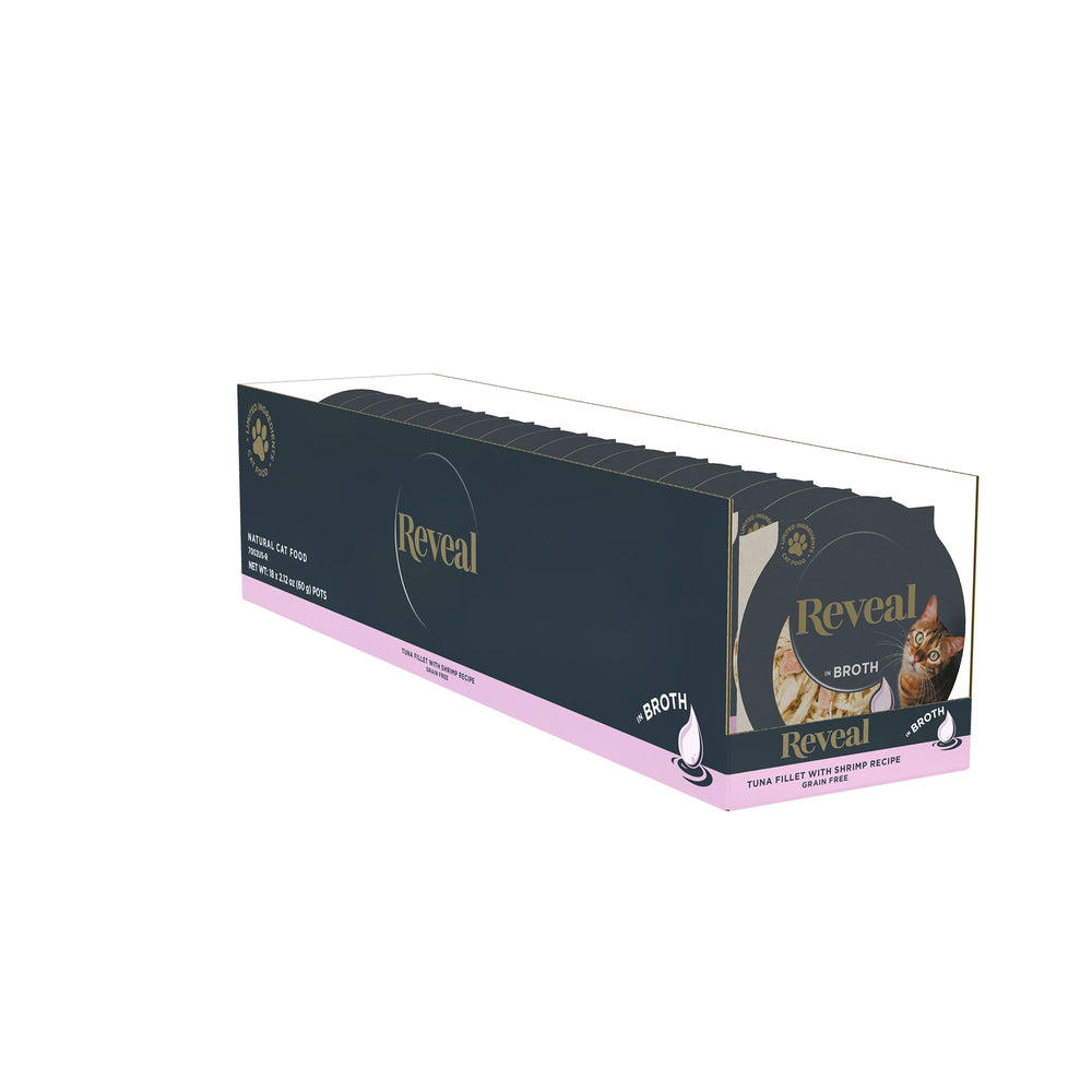 Reveal tuna-fillet-shrimp-broth-pots full product shot highlighting grain-free, high-protein nutrition for cats.