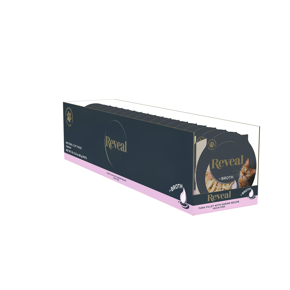 Reveal tuna-fillet-shrimp-broth-pots full product shot highlighting grain-free, high-protein nutrition for cats.