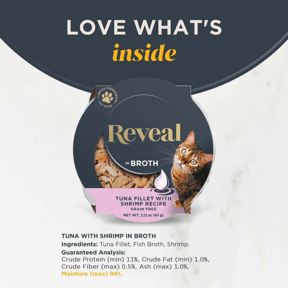 Reveal tuna-fillet-shrimp-broth-pots ingredient-swatch highlights limited ingredients for simple meals.
