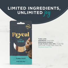 Reveal tuna loin cat enjoying treat demonstrates appealing aroma and easy portion control for training.