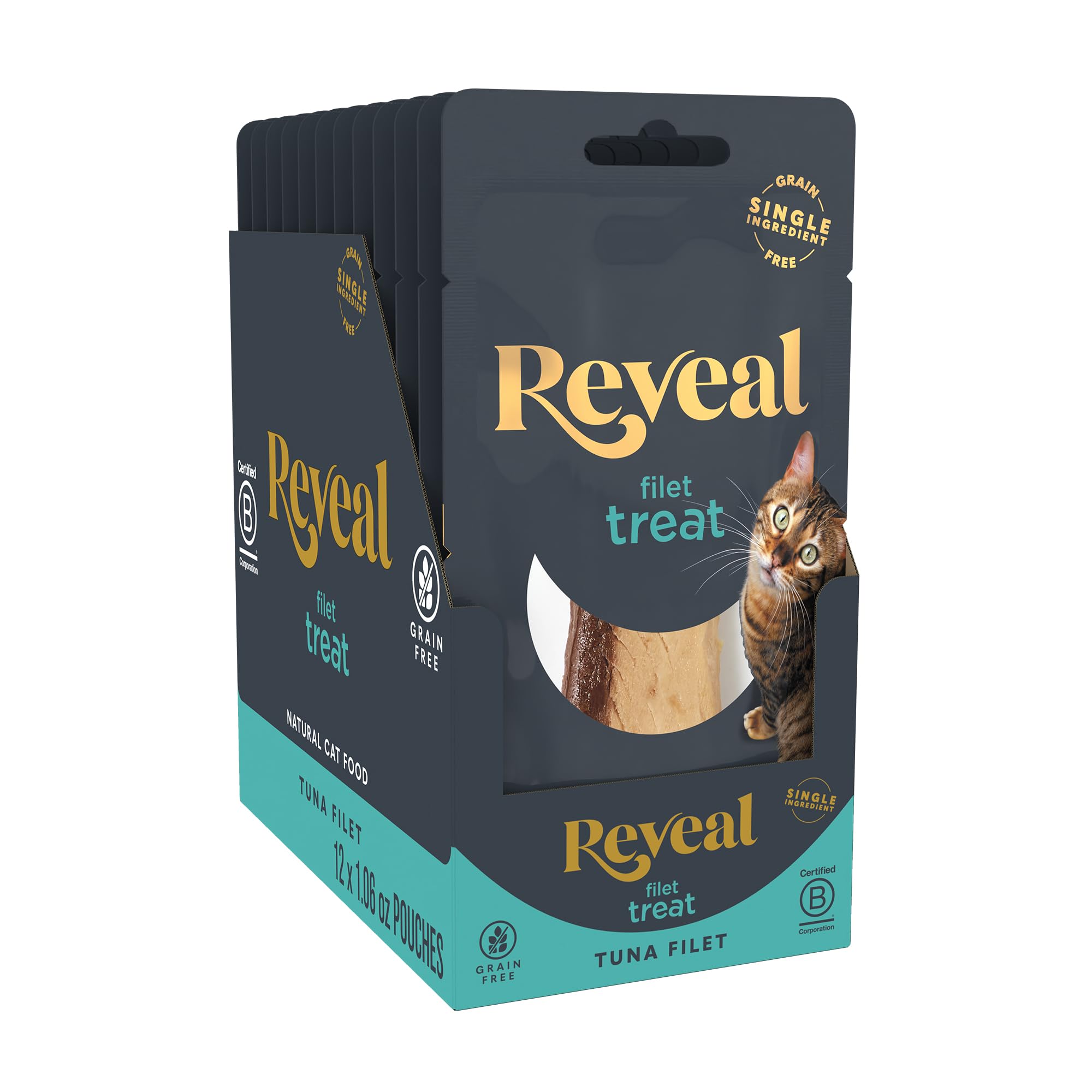 Reveal tuna loin treat packaging shows a grain-free, single-ingredient option for training and snacking.