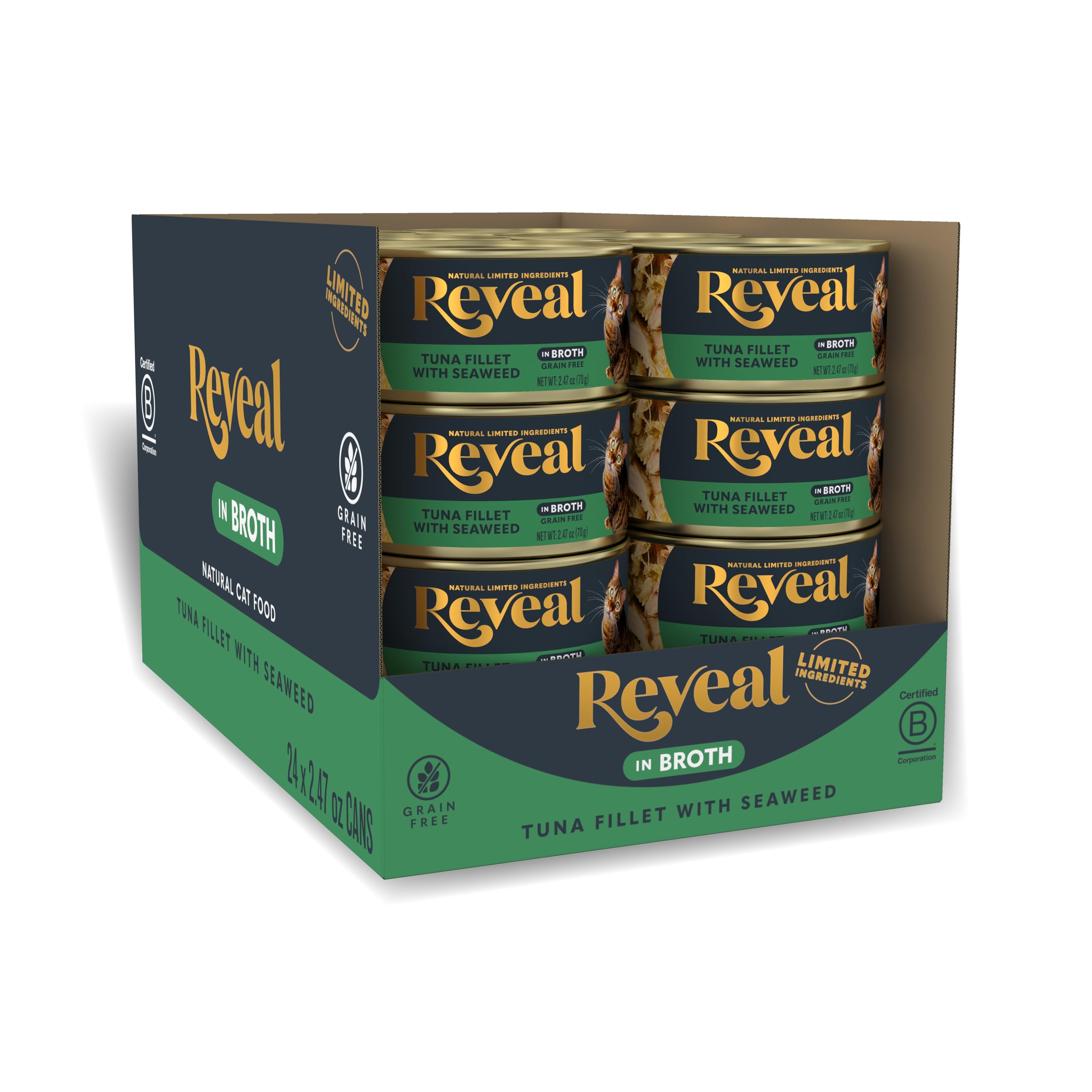 Reveal tuna-seaweed-broth can closeup shows real protein in natural broth.