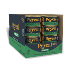 Reveal tuna-seaweed-broth can closeup shows real protein in natural broth.