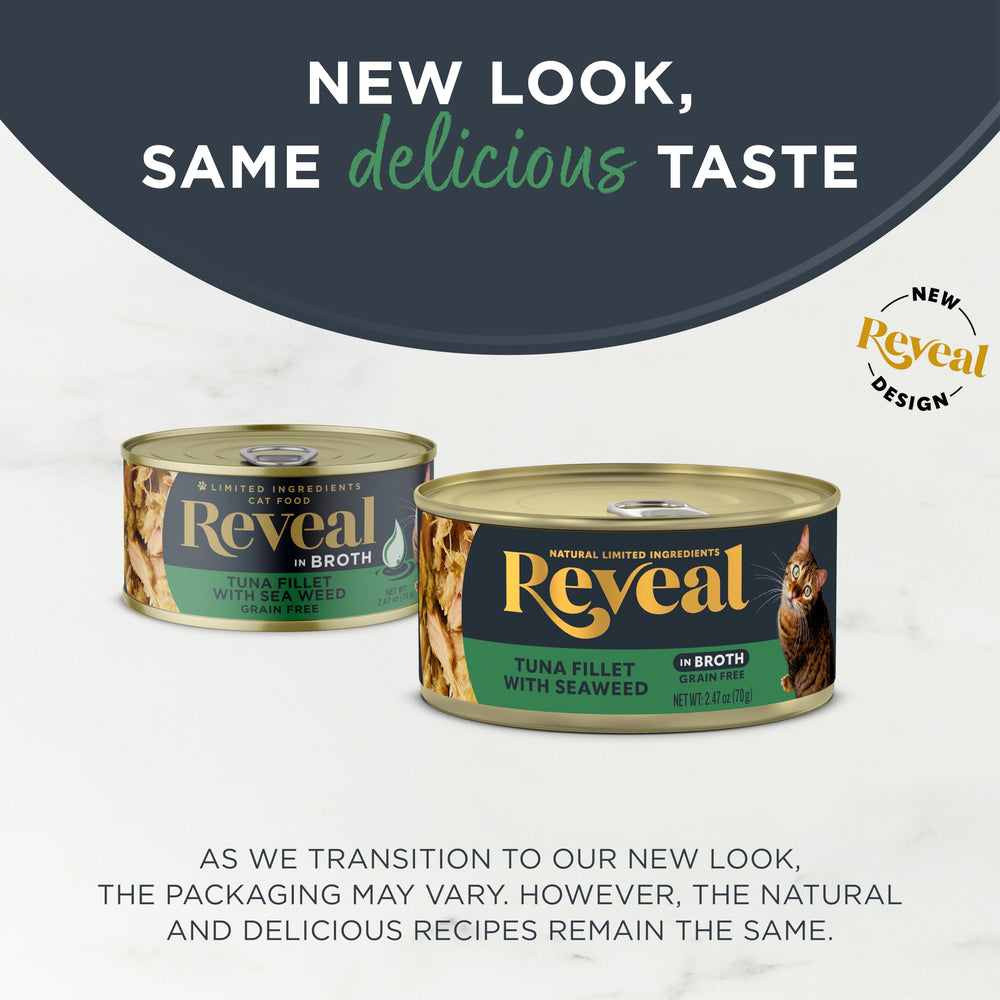 Reveal tuna-seaweed-broth serving bowl highlights cat-friendly texture and flavor.