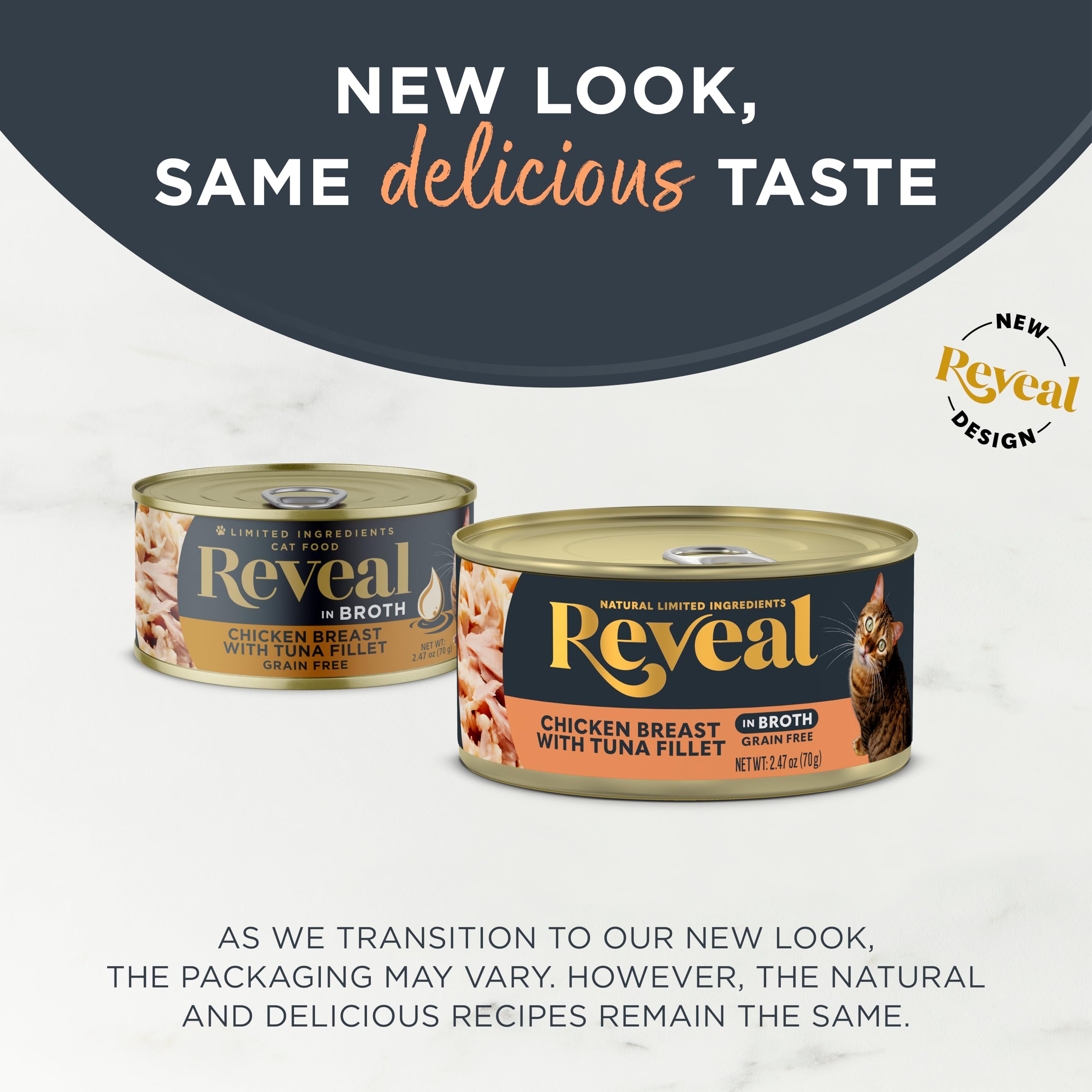 Reveal wet cat food can featuring chicken breast for high-protein feline meals.