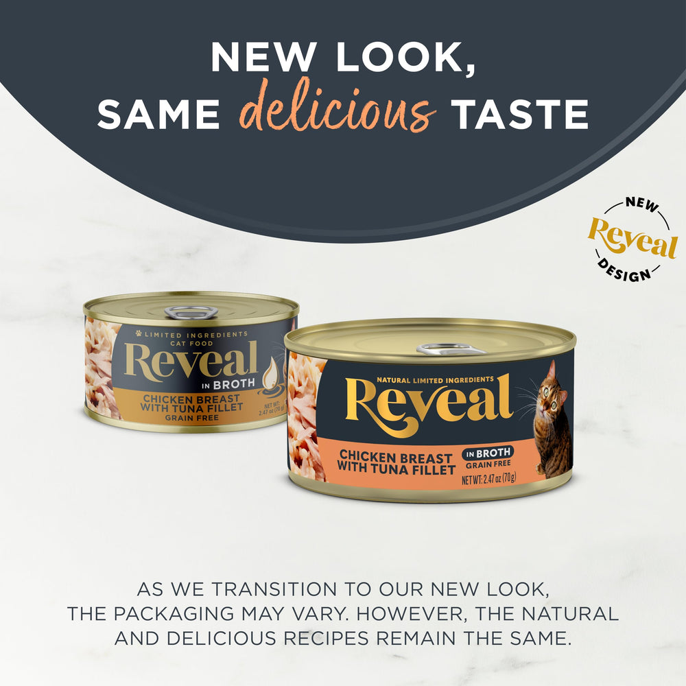 Reveal wet cat food can featuring chicken breast for high-protein feline meals.
