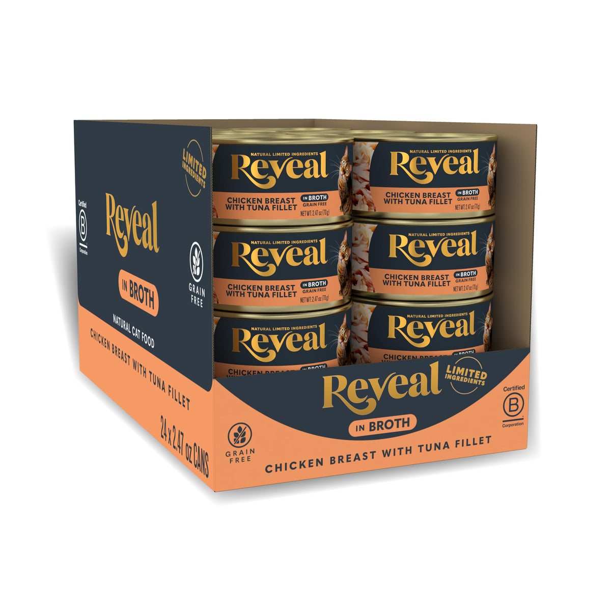 Reveal wet cat food can with chicken and tuna in broth for hydration.