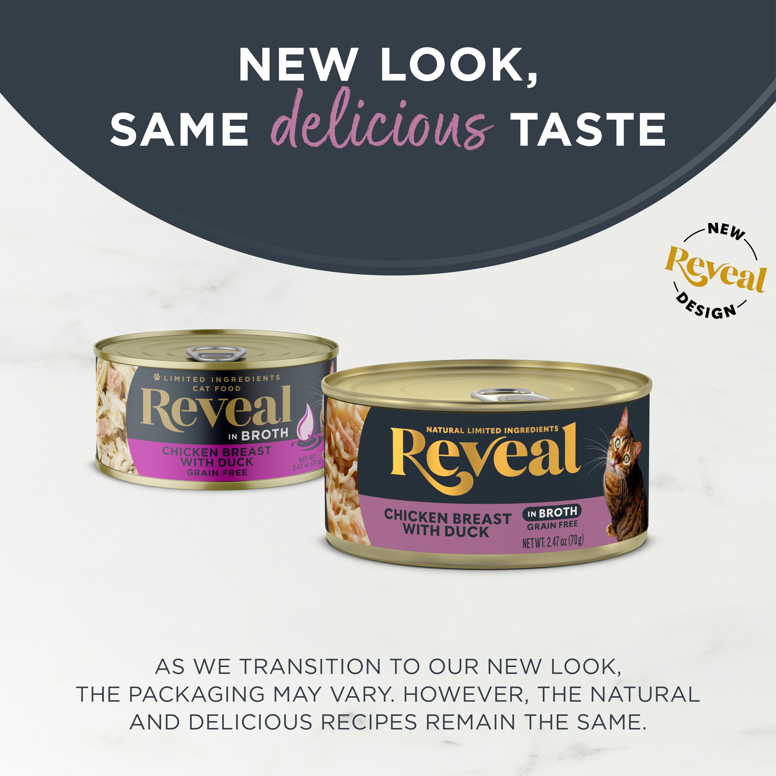 Reveal wet cat food label highlights grain-free, limited ingredients and no artificial additives.