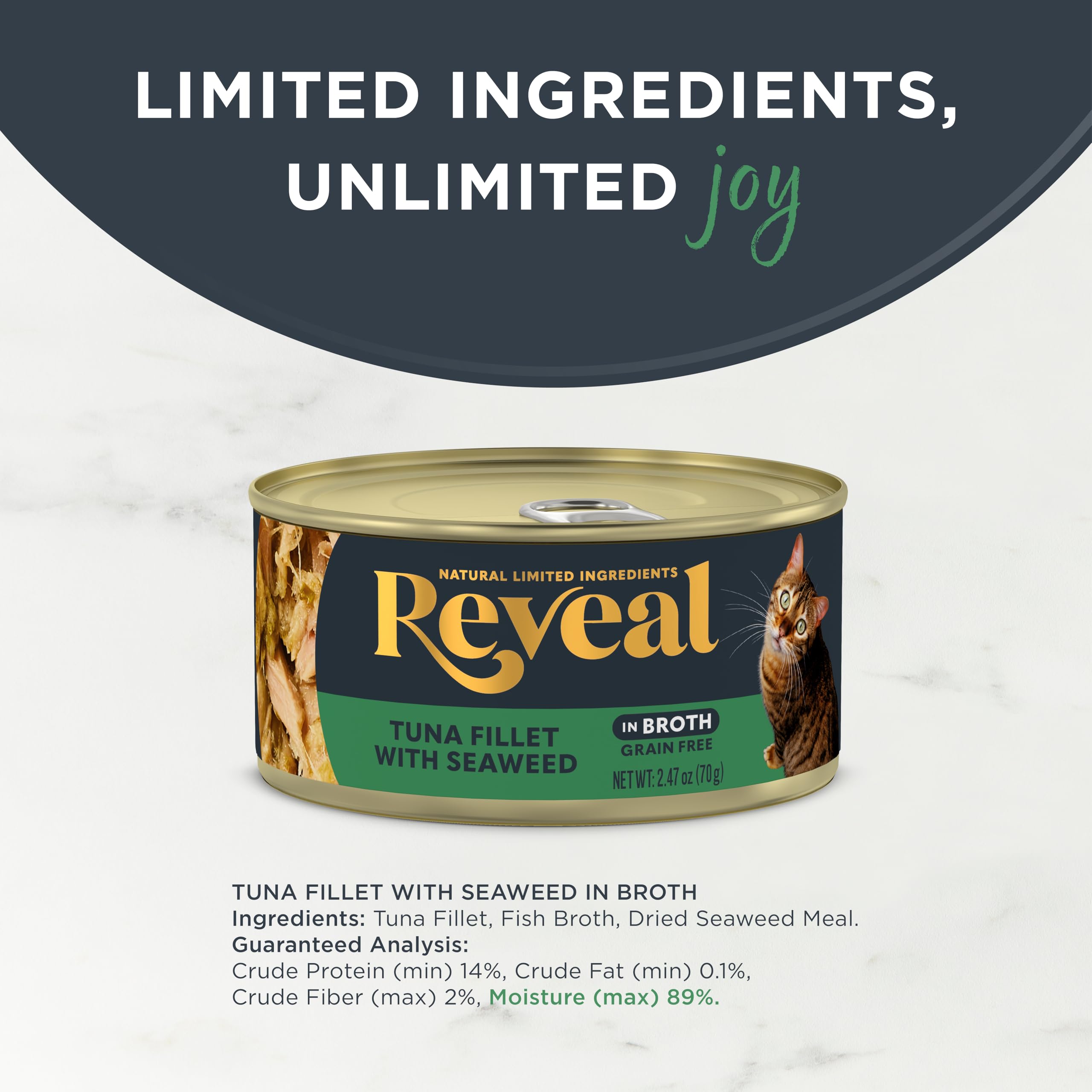 Reveal wet cat food real protein-first label emphasizes quality protein.