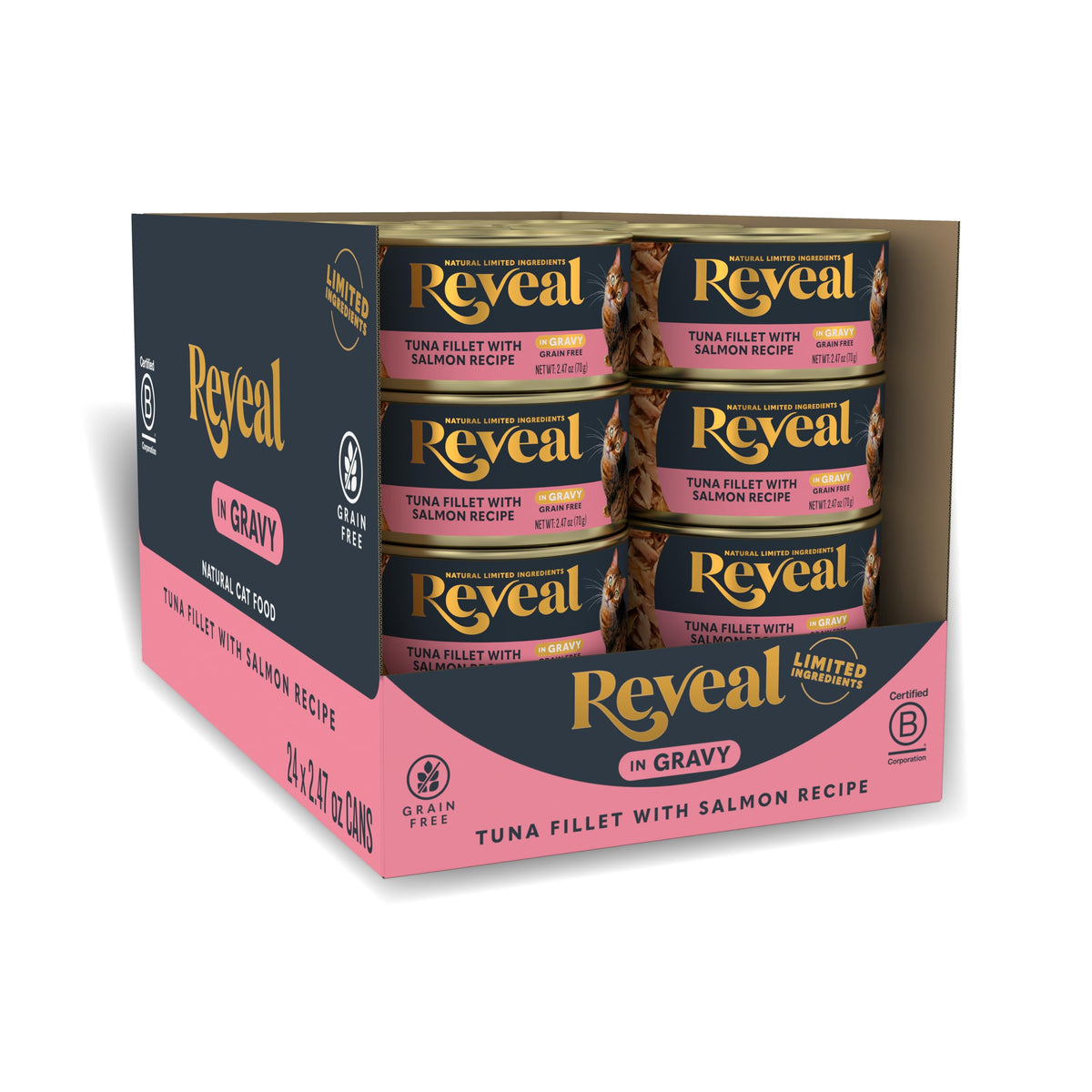 Reveal wet cat food tuna salmon in gravy can—premium protein for active cats.