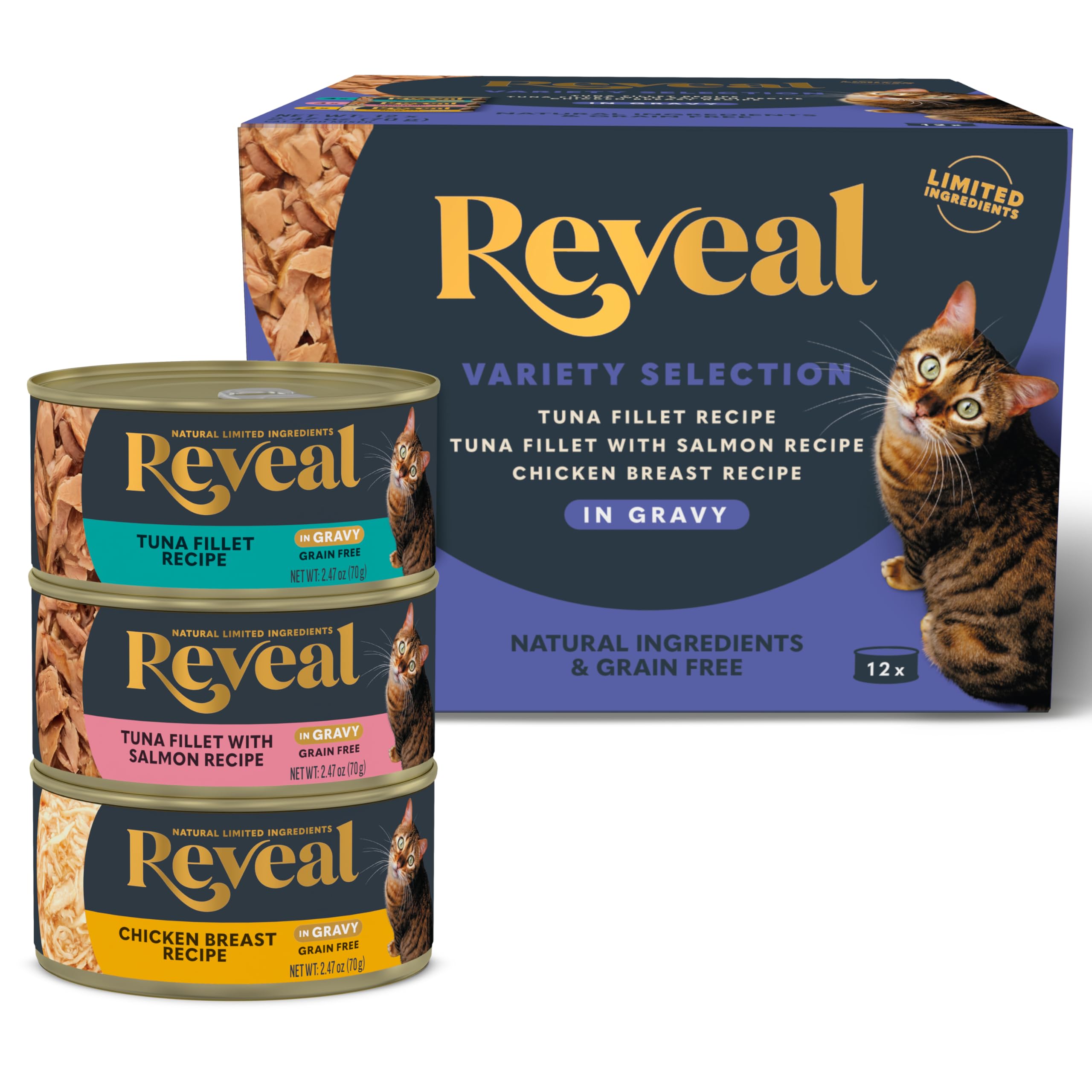 Reveal wet cat food tuna tin front with real protein first for healthy feline meals.