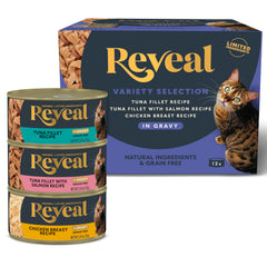 Reveal wet cat food tuna tin front with real protein first for healthy feline meals.