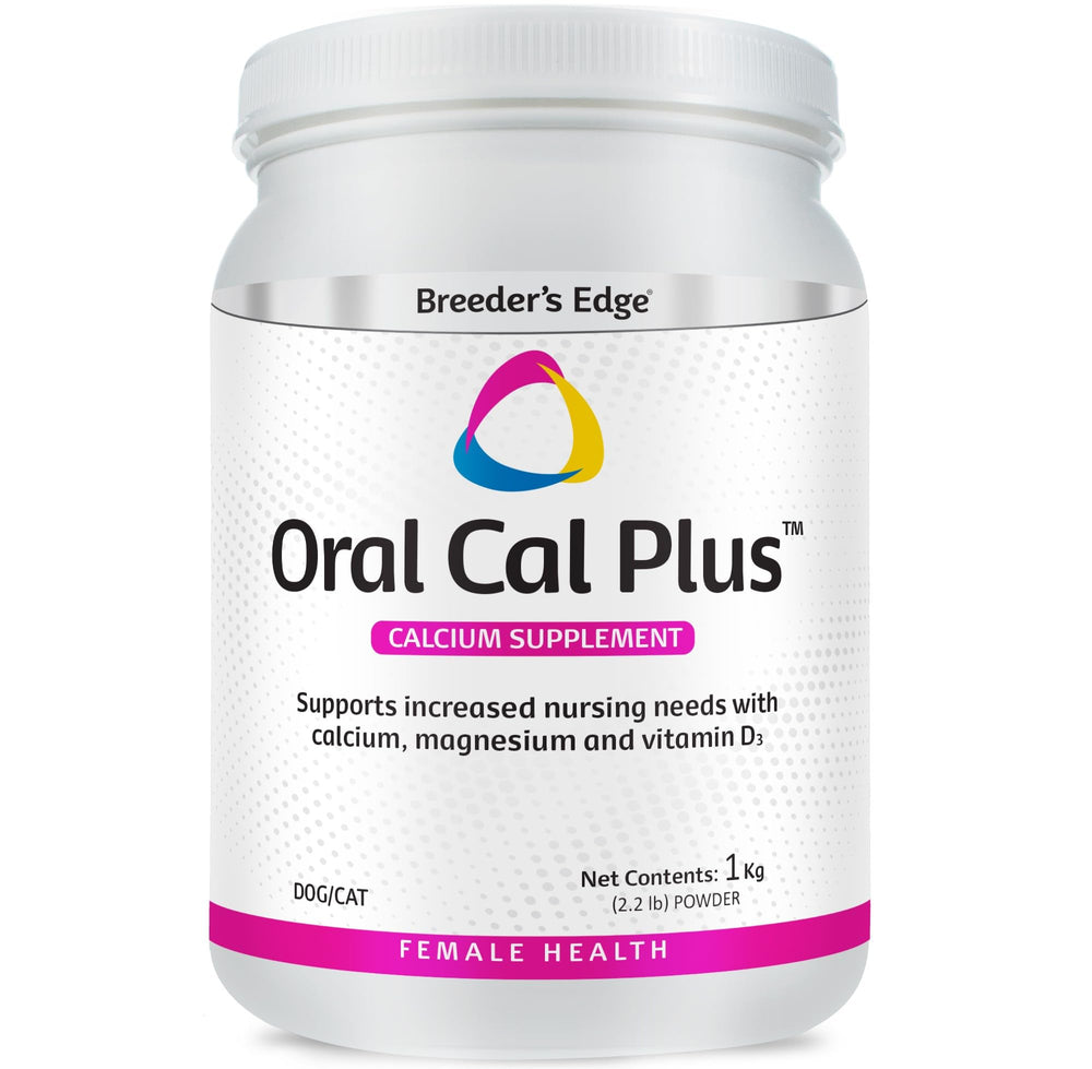 Revival Animal Health Breeder's Edge Oral Cal Plus powder bottle closeup showing calcium support for nursing pets.