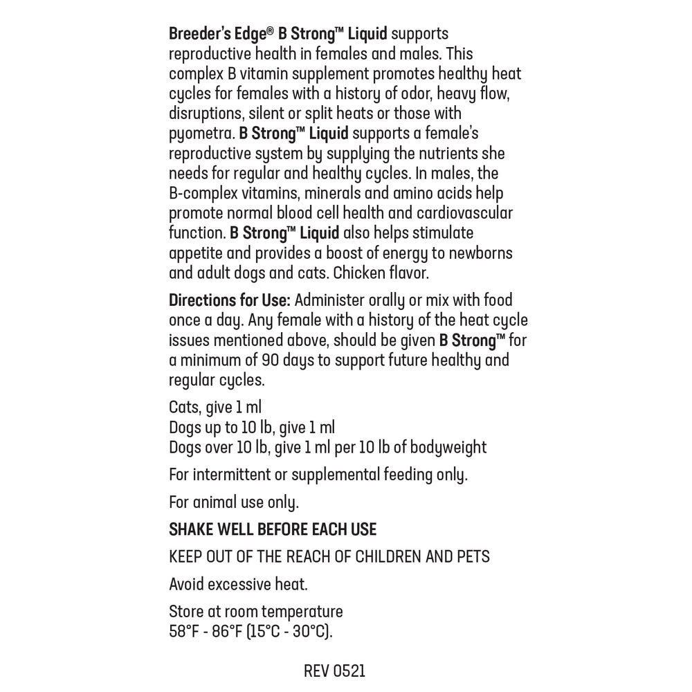 Revival Breeder's Edge B Strong Liquid demonstrates use during breeding season for reproductive wellness.