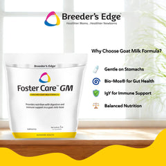 Breeder's Edge Foster Care goat milk powder in a bowl demonstrates ready-to-feed consistency for young pets.