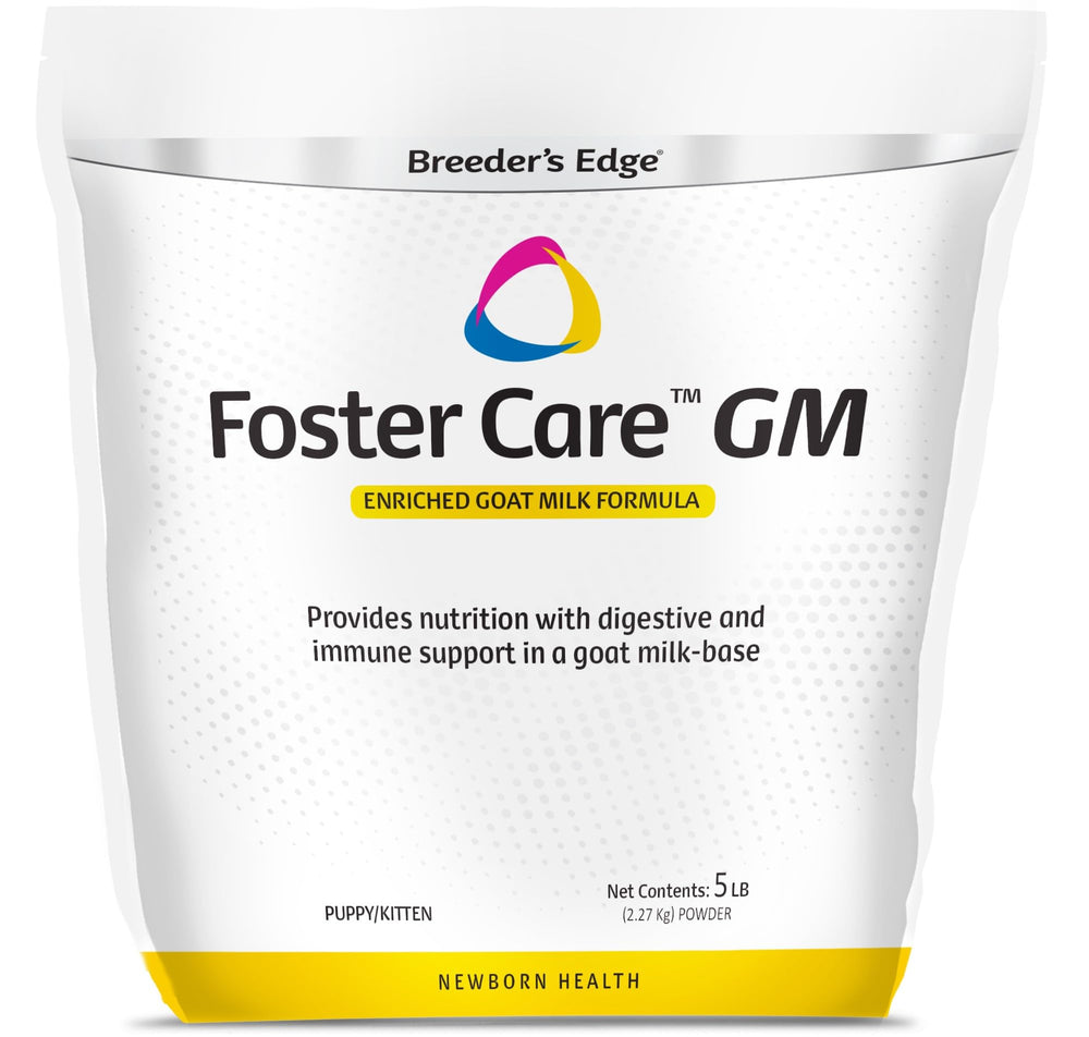Breeder's Edge Foster Care goat milk powder tub supports gentle digestion for puppies and kittens.