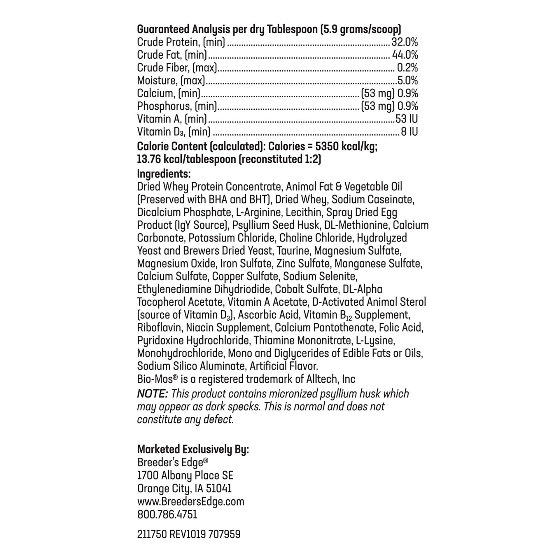 Breeder's Edge Foster Care igY bio-mos psyllium close-up emphasizes digestion-friendly ingredients.