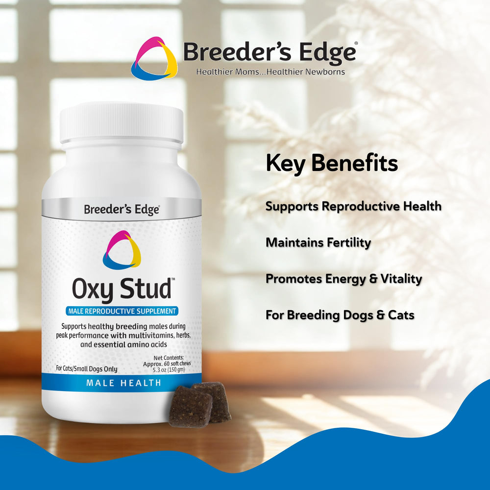 Revival Breeder’s Edge Oxy Stud tub front emphasizes convenient daily supplement for breeding dogs and cats.