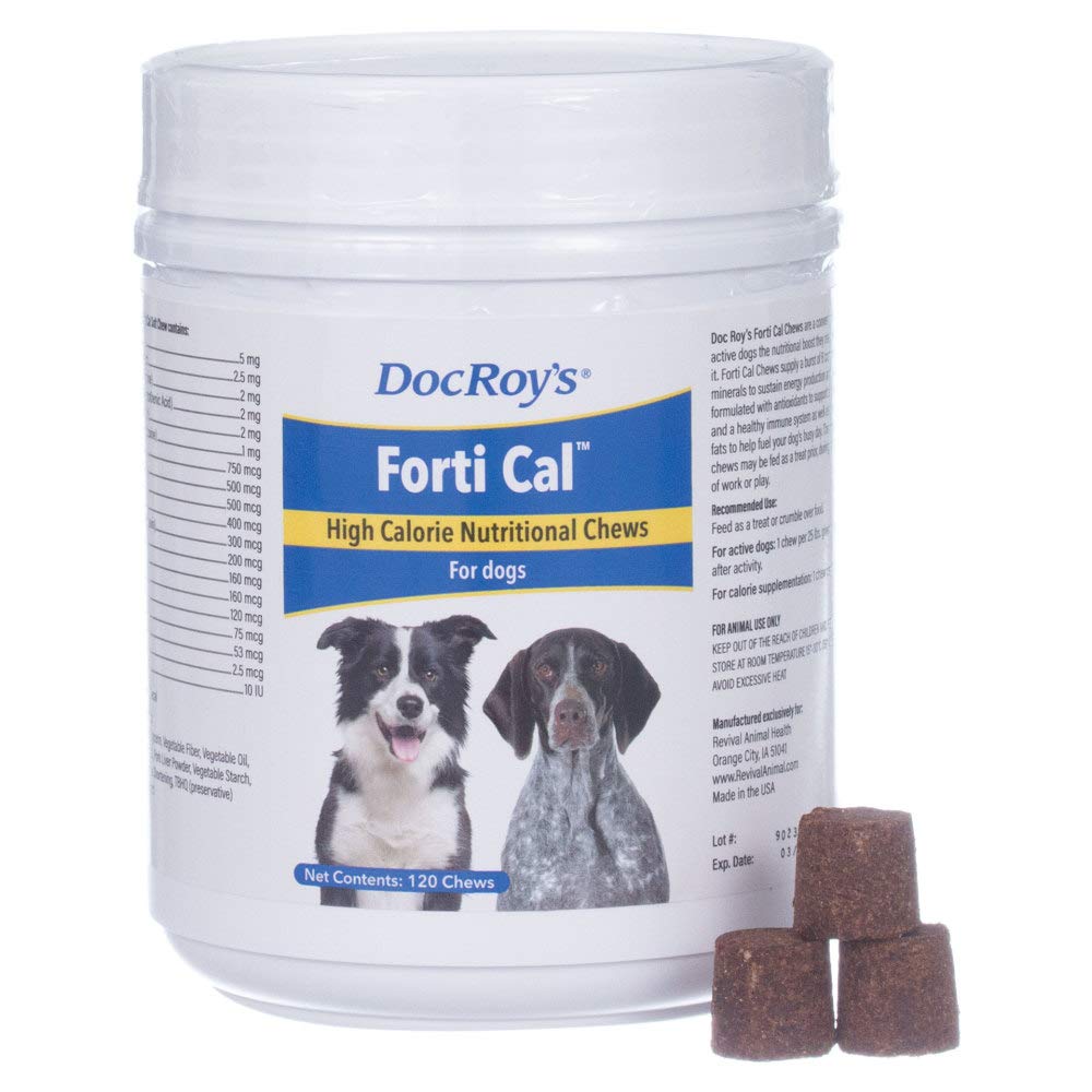 Doc Roy’s Forti Cal Soft Chews bottle shows high-calorie energy support for underweight pets