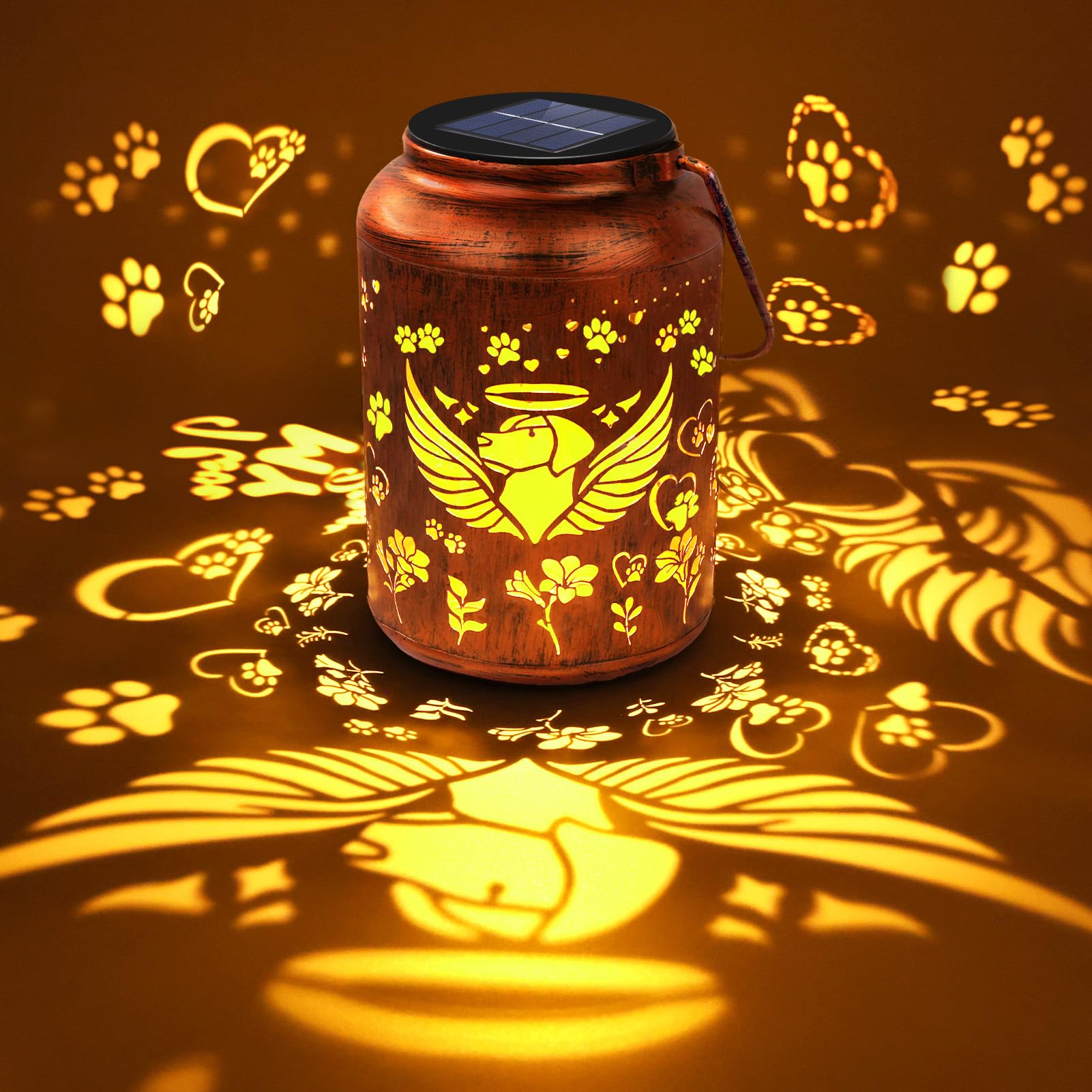 ReyeeInc dog memorial solar lantern with paw and angel silhouette for lasting outdoor remembrance and peace