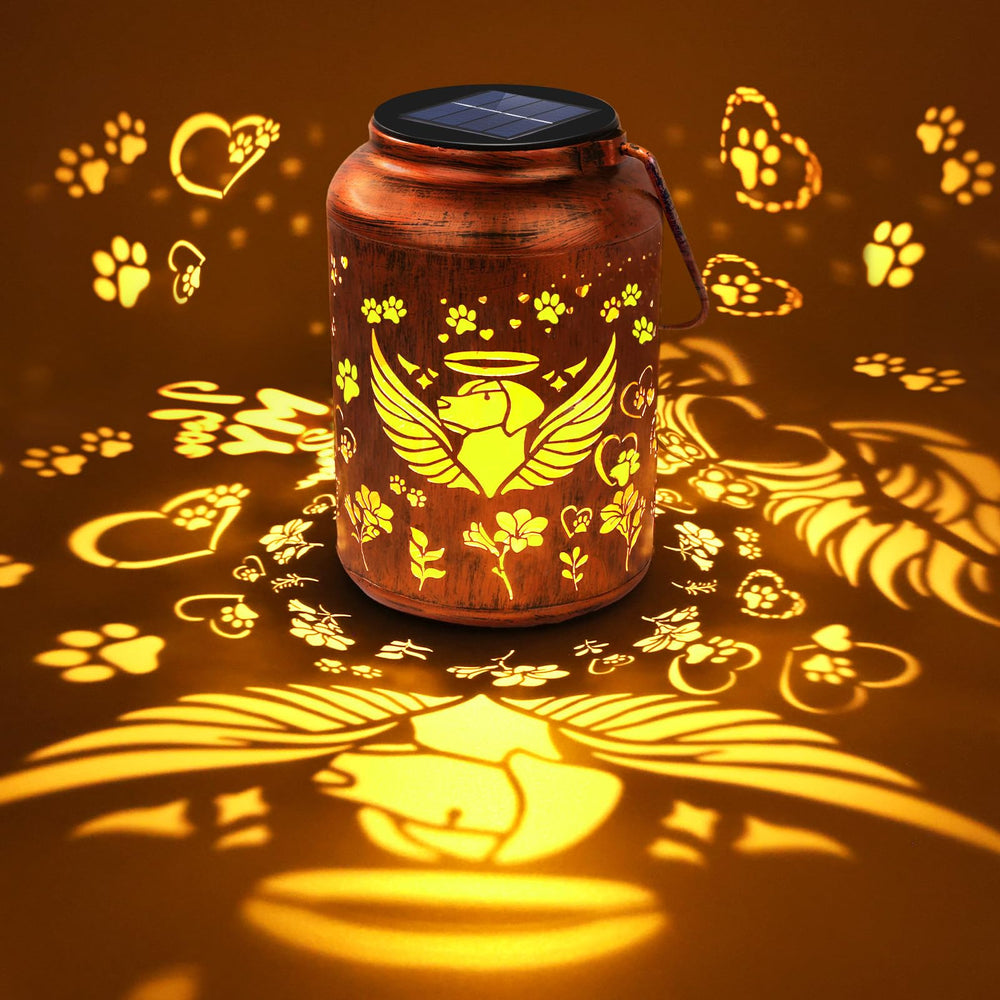 ReyeeInc dog memorial solar lantern with paw and angel silhouette for lasting outdoor remembrance and peace
