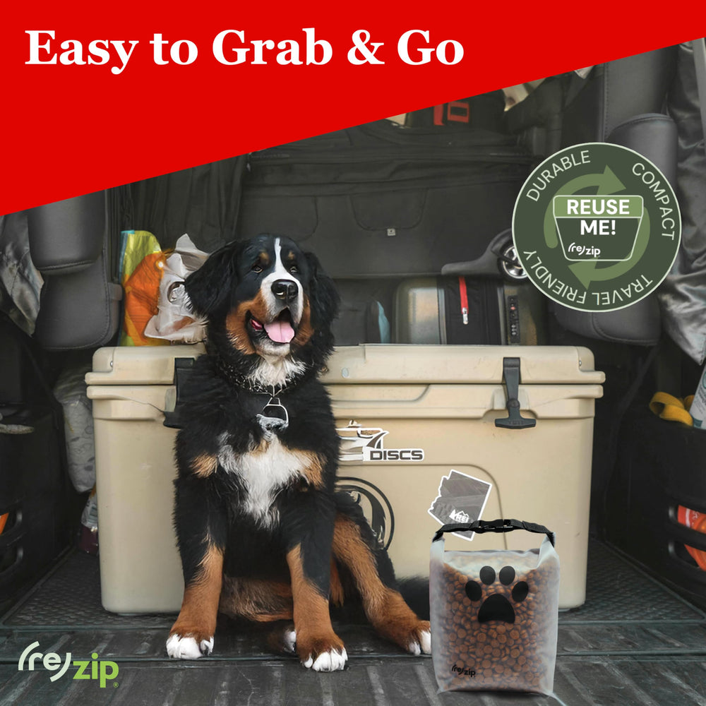 (re)zip 14-cup capacity fits about 5 lbs of kibble for trips.