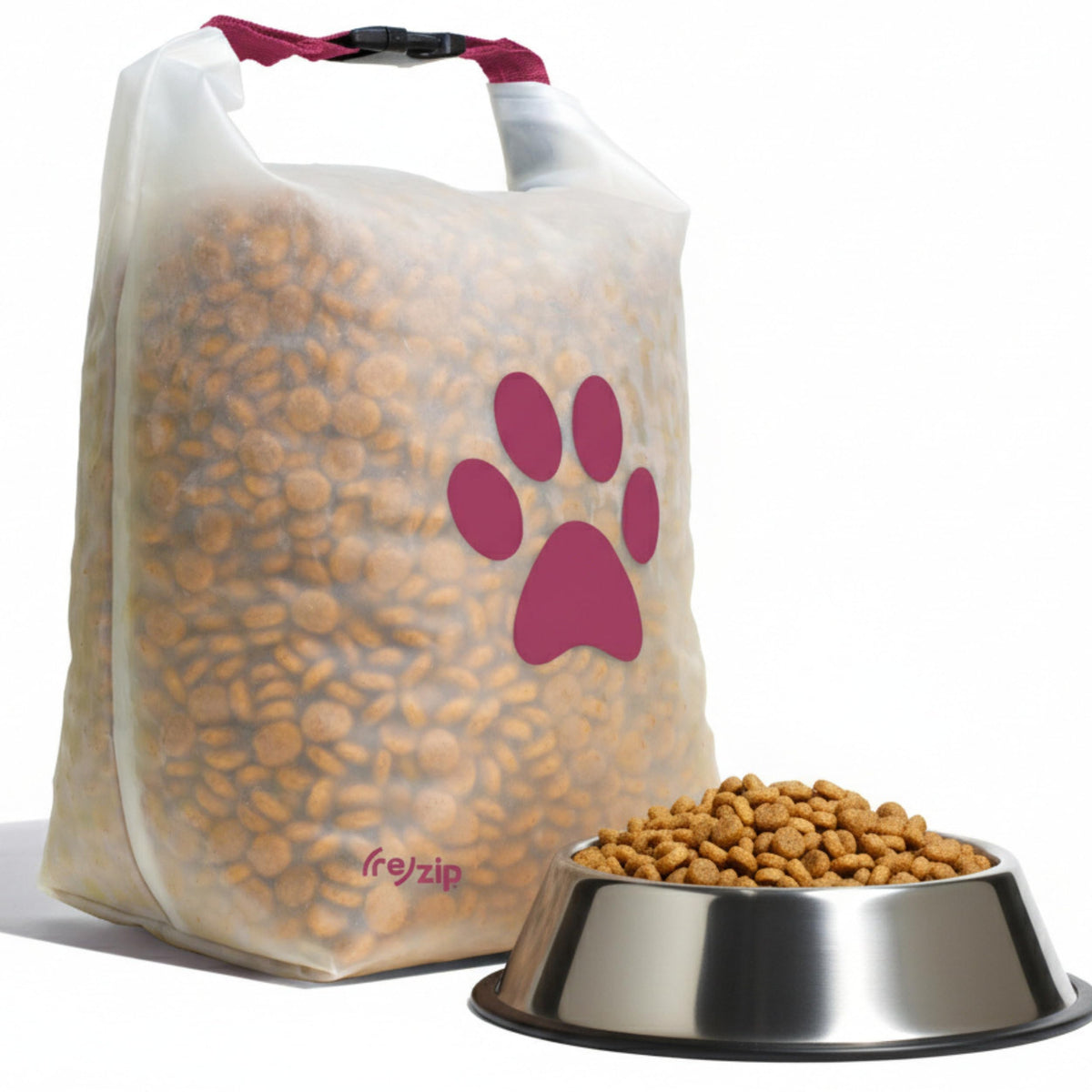 rezip large roll-top bag closed for airtight kibble storage on the go.