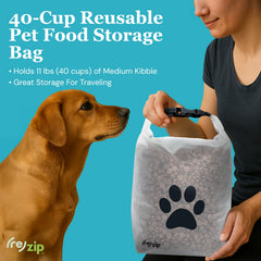 rezip large roll-top pet dry food storage bag compressed-flat when empty for space-saving travel.
