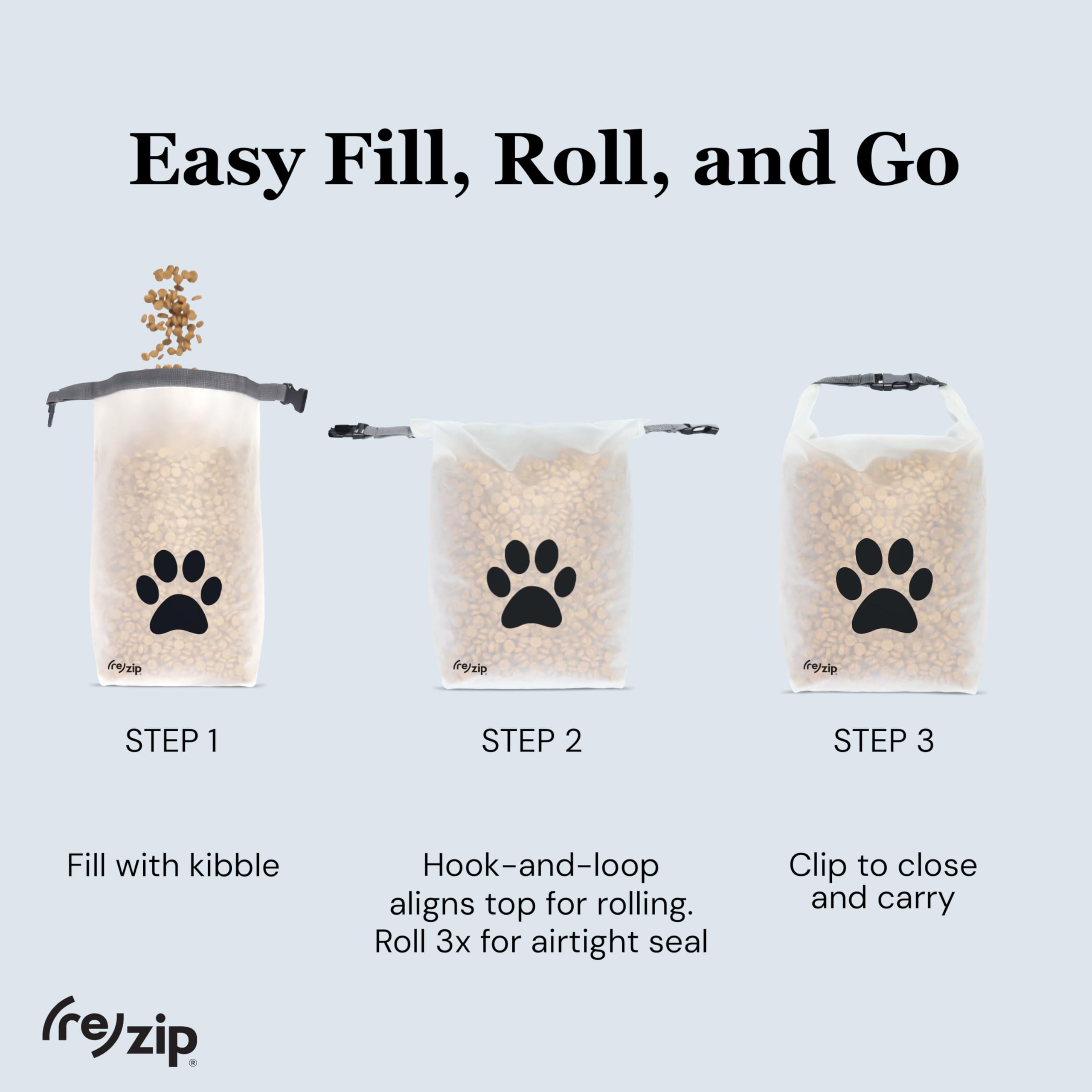 rezip large roll-top pet dry food storage bag machine-washable for easy cleanup after trips.