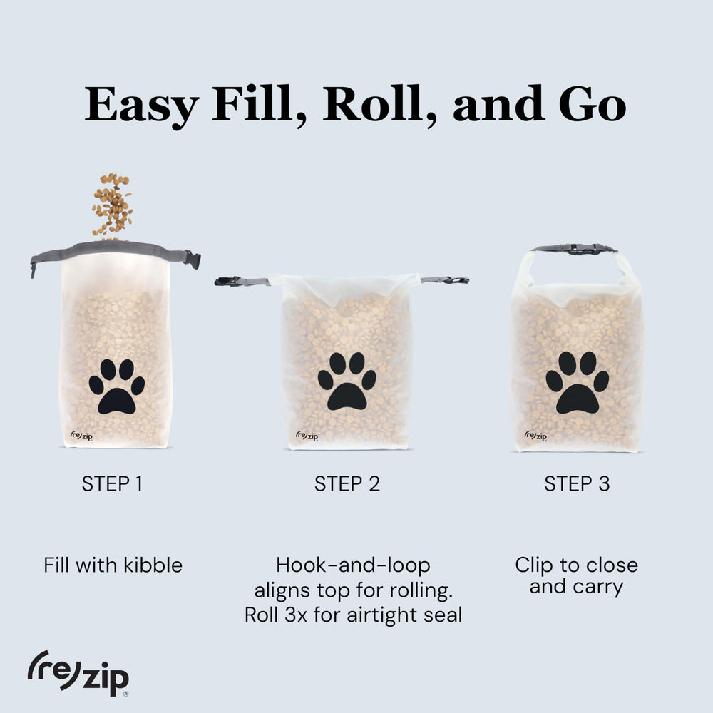 rezip large roll-top pet dry food storage bag machine-washable for easy cleanup after trips.