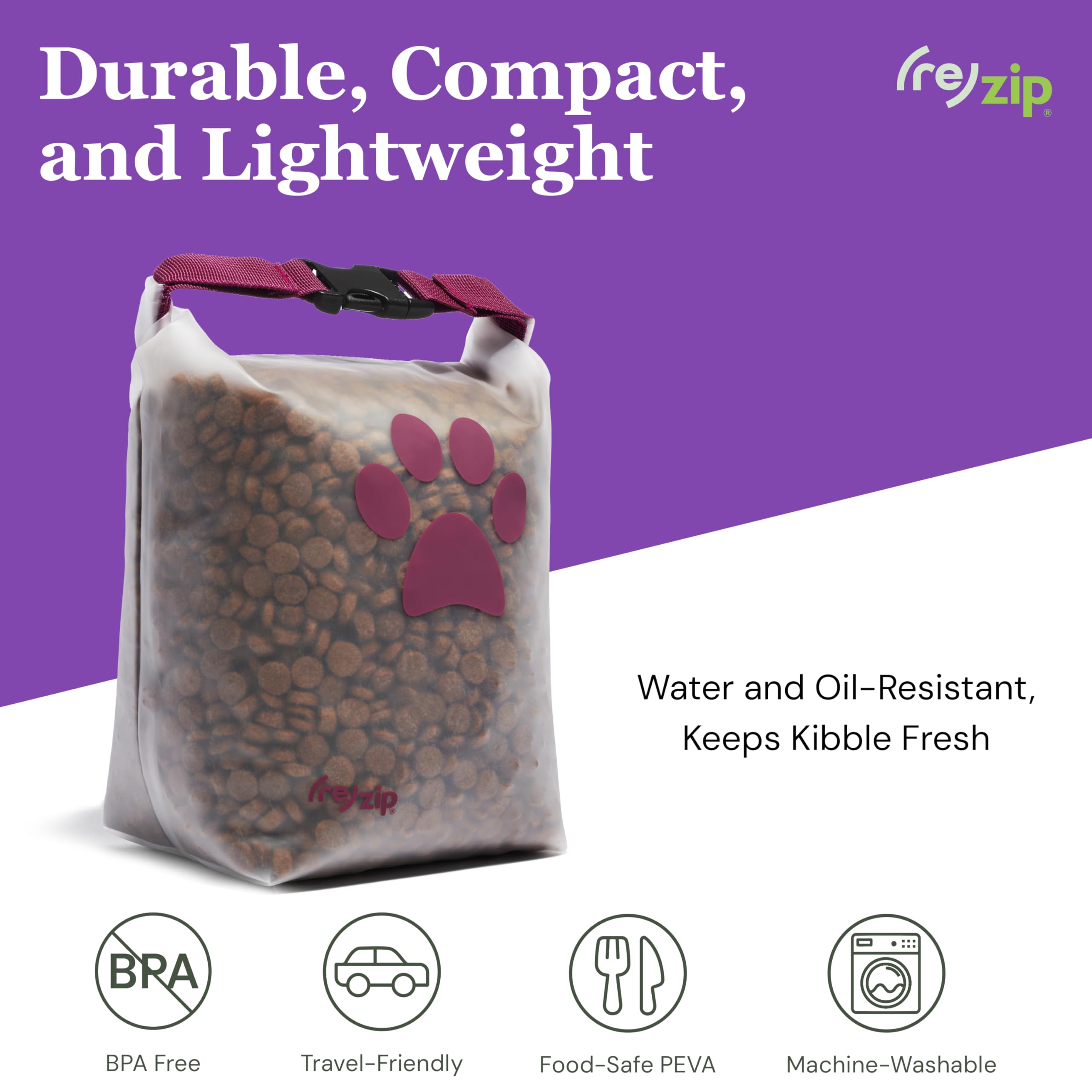 rezip large roll-top pet dry food storage bag durable water-resistant PEVA protects kibble on journeys.