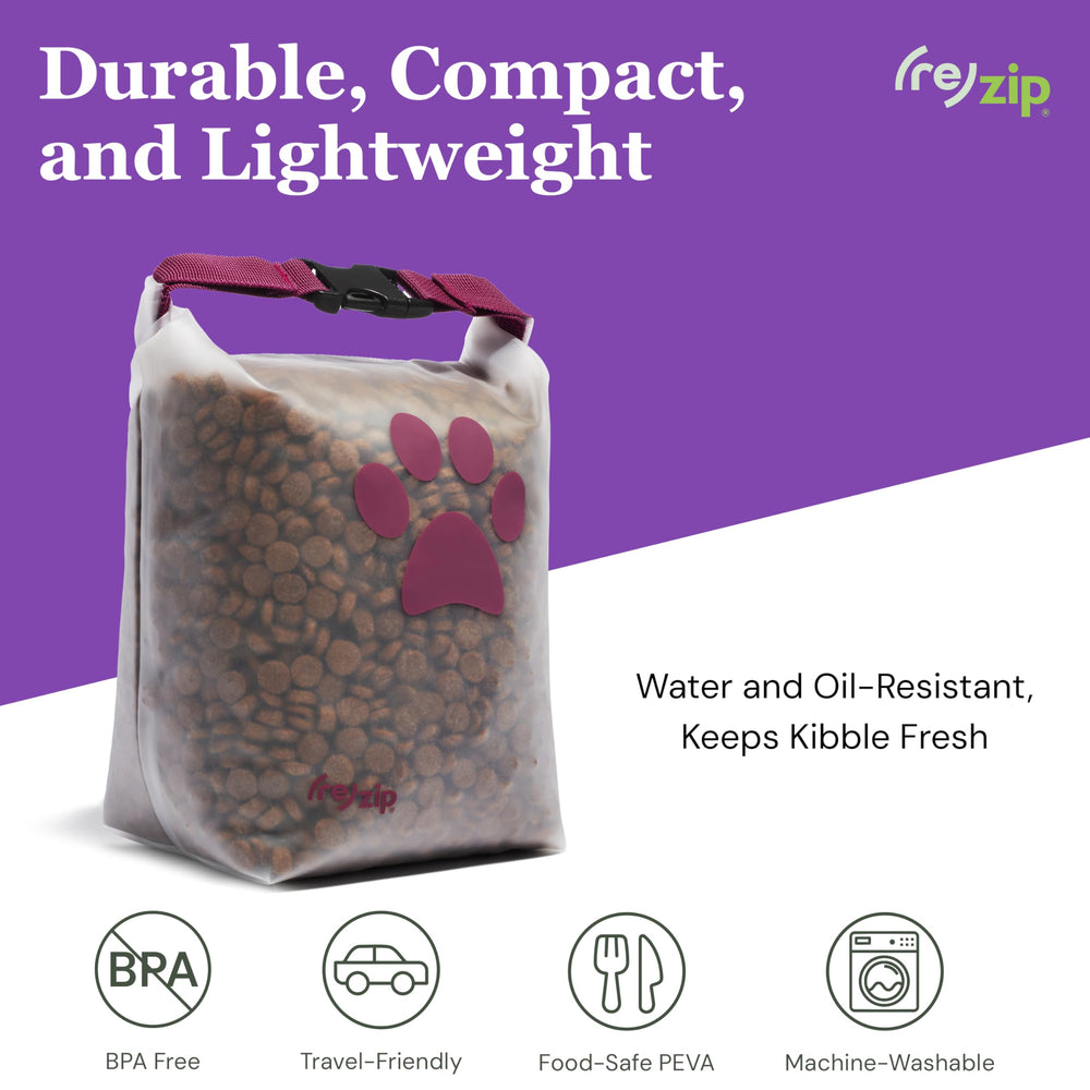 rezip large roll-top pet dry food storage bag durable water-resistant PEVA protects kibble on journeys.