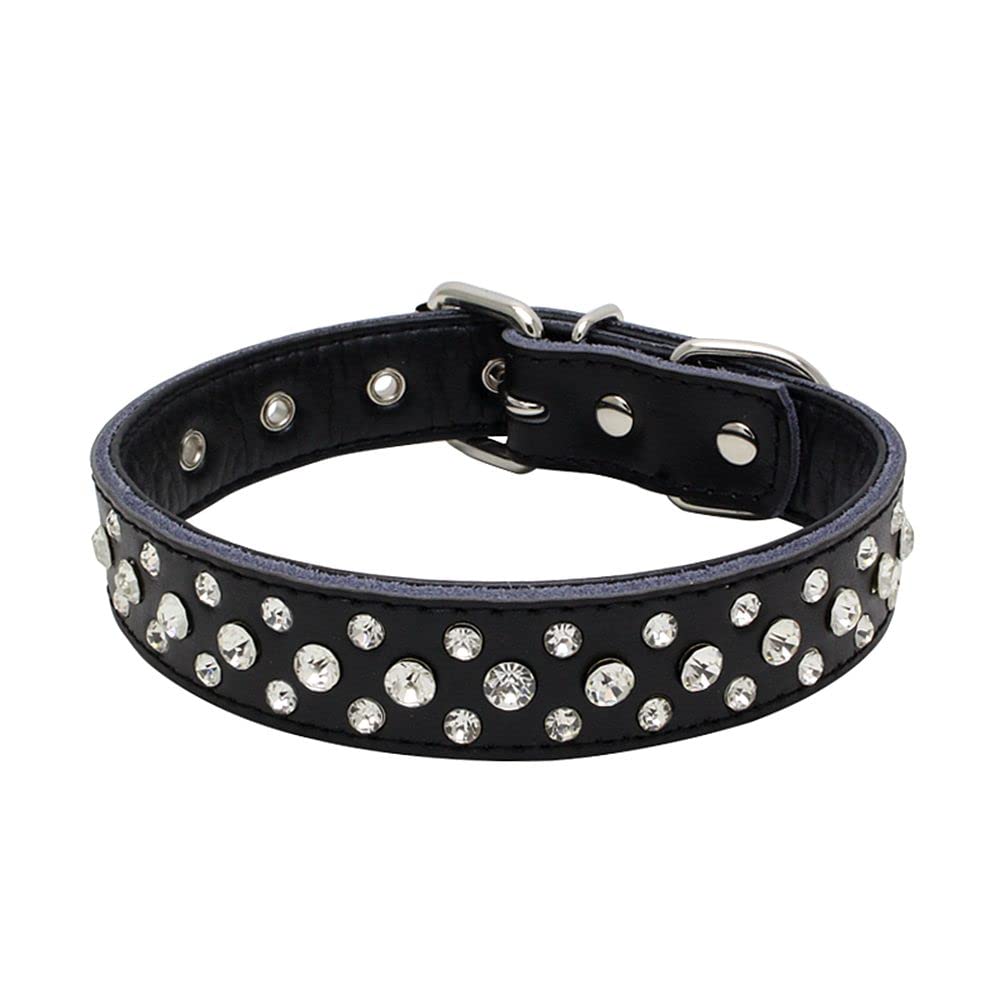 Rhinestones Dog Collar close-up with sparkling crystals on genuine leather for stylish daily wear.