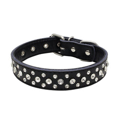 Rhinestones Dog Collar close-up with sparkling crystals on genuine leather for stylish daily wear.