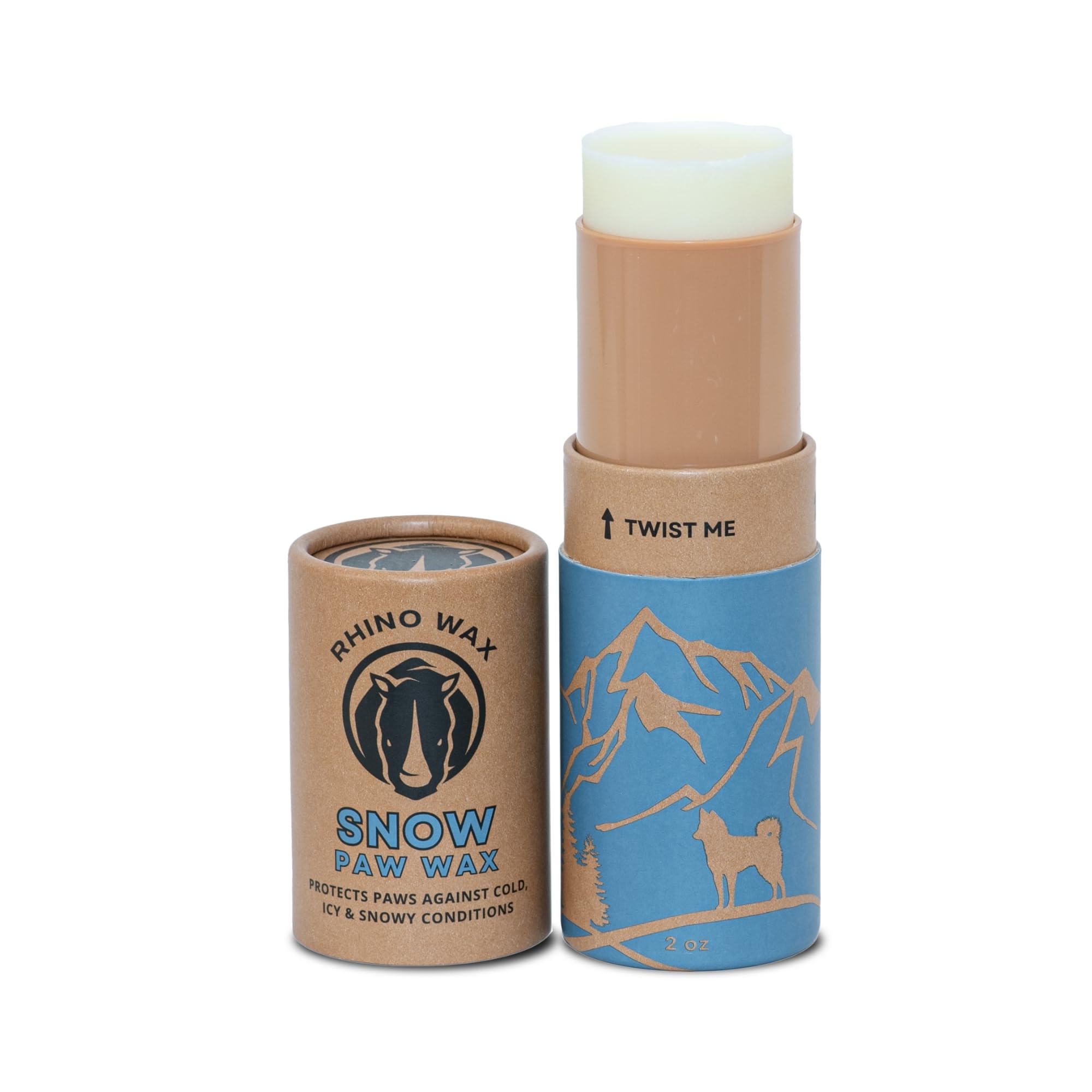 Rhino Wax dog paw snow-wax tube-application provides easy winter paw protection for dogs.