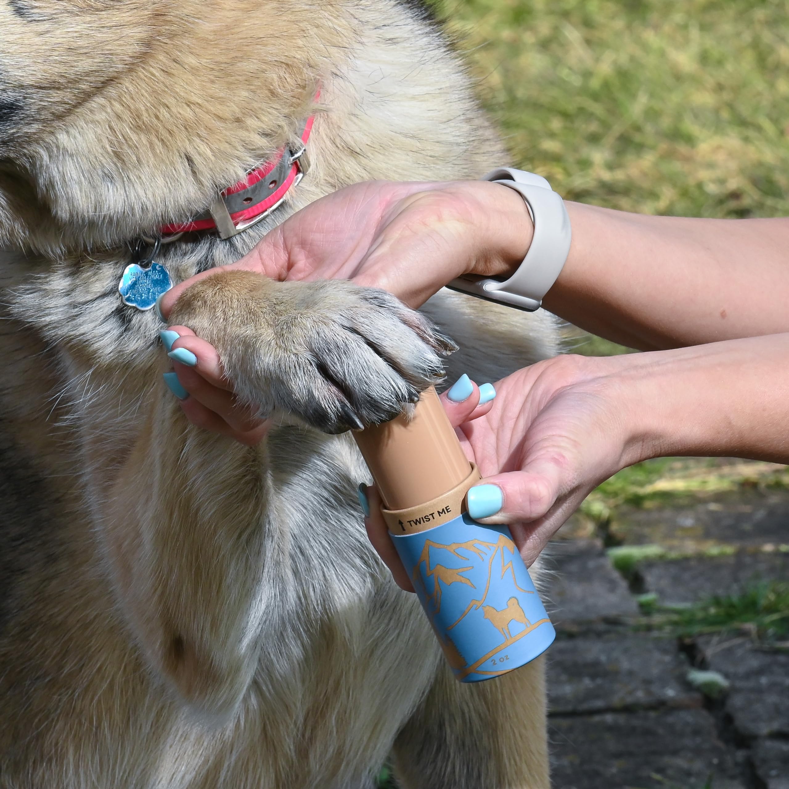 Rhino Wax moisturizing paw balm emphasizes improved paw elasticity for outdoor adventures.
