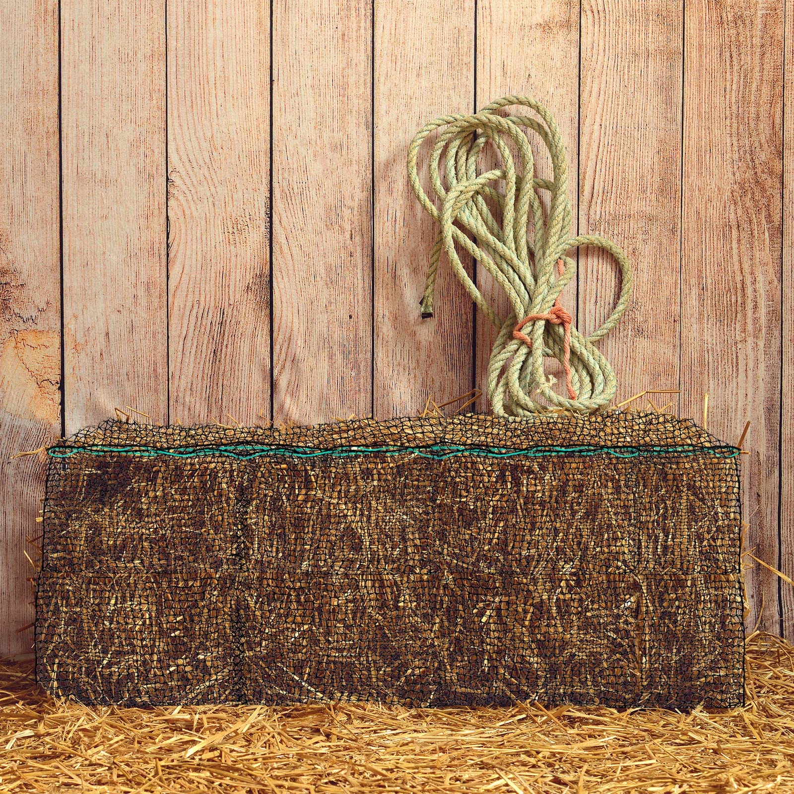 Riakrum hay net filled bale inside view shows space-saving and reduced feeding waste.