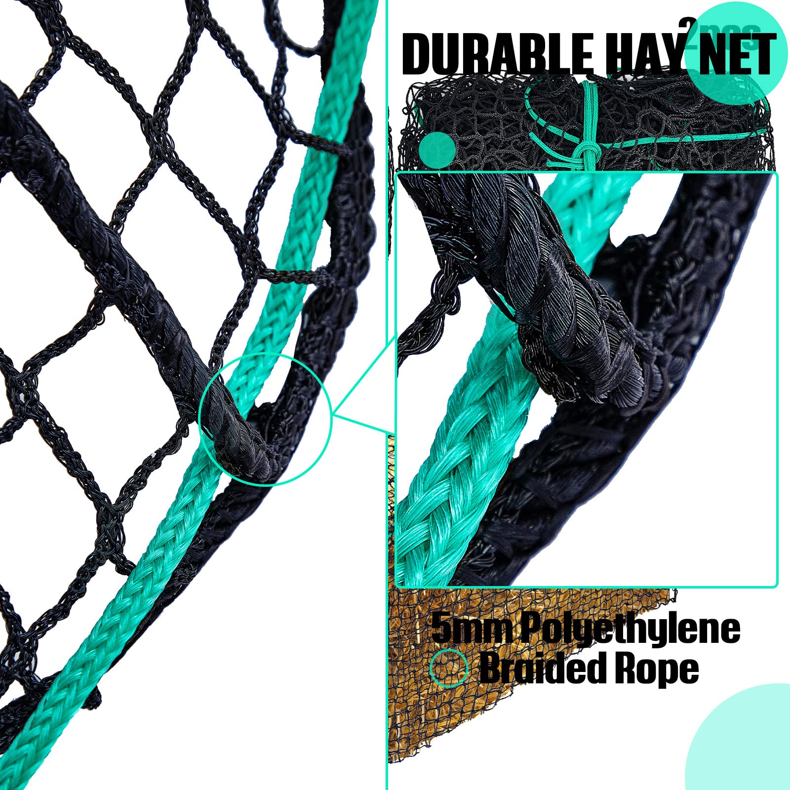 Riakrum hay net hanging installation demonstrates sturdy mounting in paddocks and trailers.