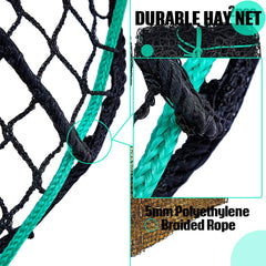 Riakrum hay net hanging installation demonstrates sturdy mounting in paddocks and trailers.