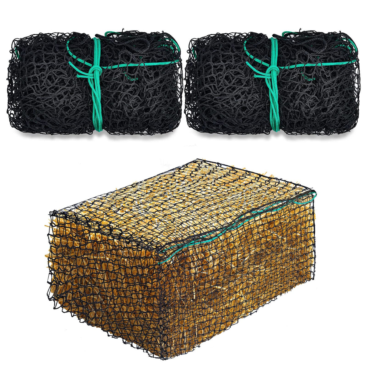 Riakrum square bale hay net 47x20x20 full view highlights durable 5mm mesh for large bales.