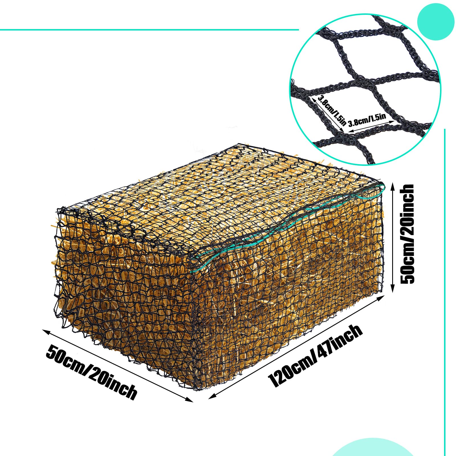 Riakrum square bale hay net mesh detail emphasizes tight openings for controlled feeding.
