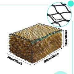 Riakrum square bale hay net mesh detail emphasizes tight openings for controlled feeding.