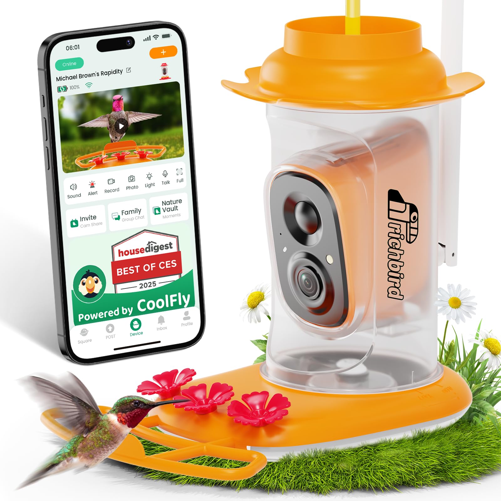 RichBird Smart Hummingbird Feeder camera front view shows live video capture for backyard birdwatching