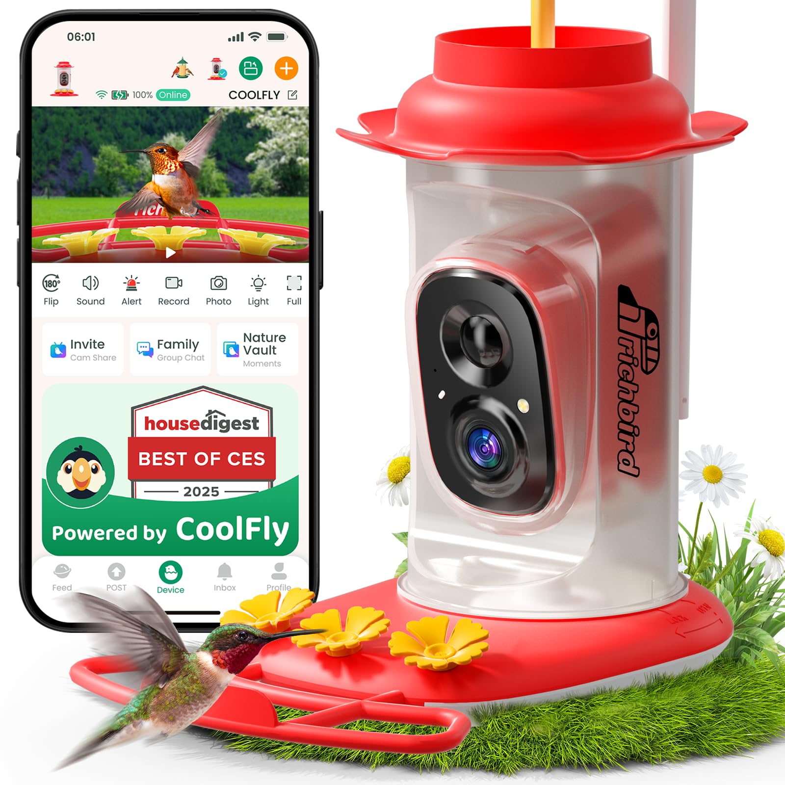 RichBird Smart Hummingbird Feeder front view shows durable outdoor-friendly design for year-round feeding.