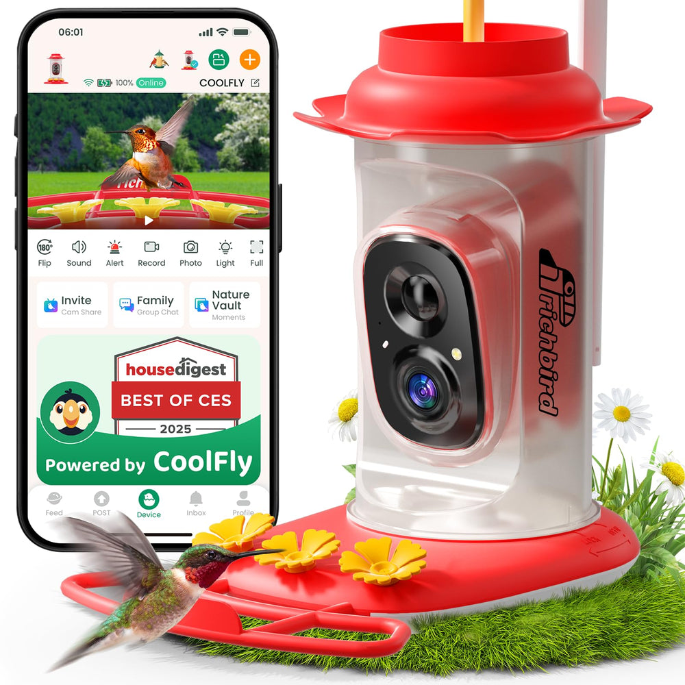 RichBird Smart Hummingbird Feeder front view shows durable outdoor-friendly design for year-round feeding.